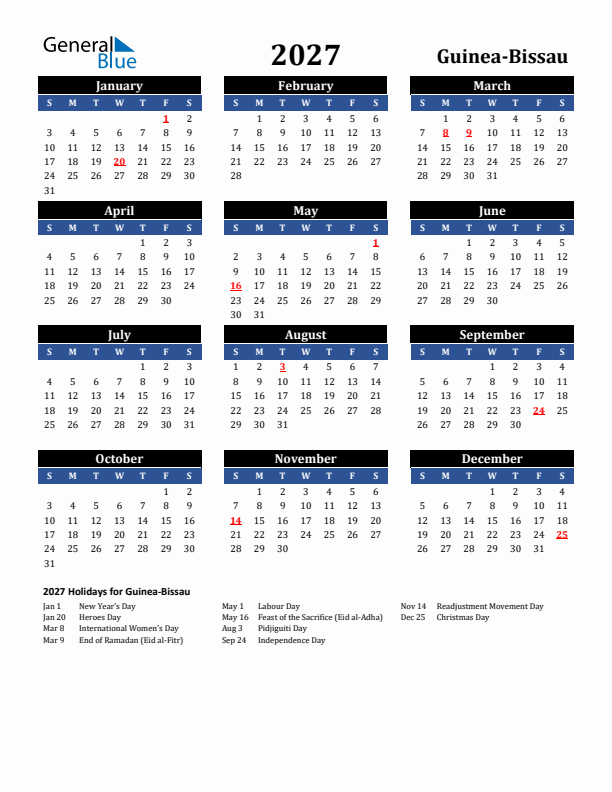 2027 Guinea-Bissau Holiday Calendar