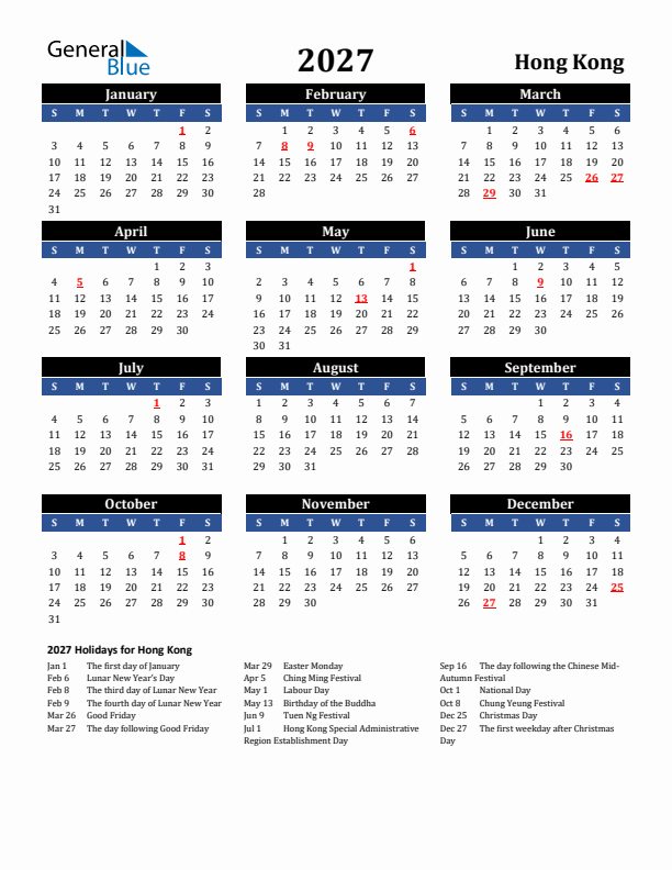 2027 Hong Kong Holiday Calendar