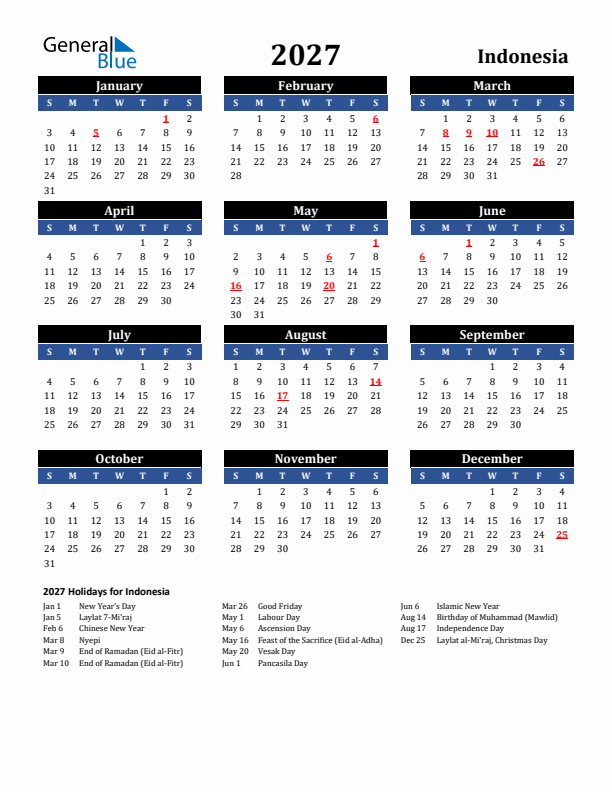2027 Indonesia Holiday Calendar