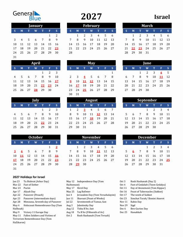 2027 Israel Holiday Calendar