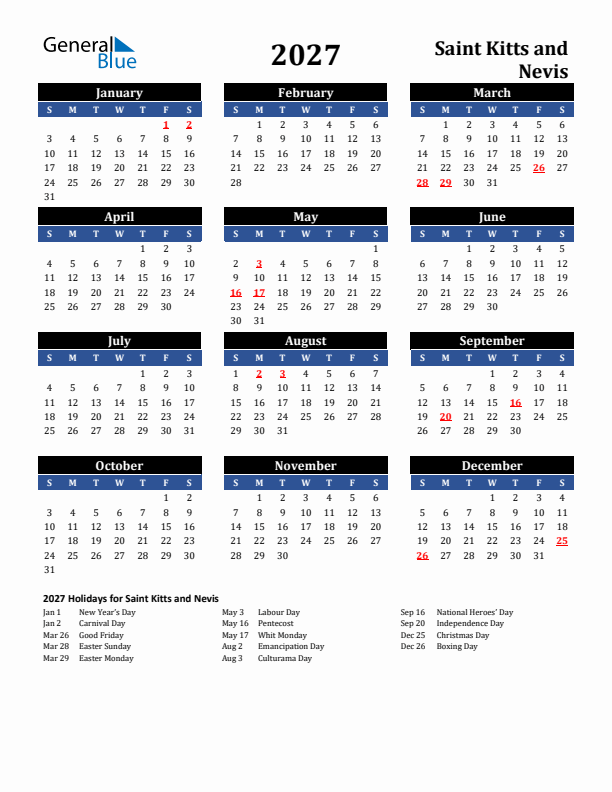 2027 Saint Kitts and Nevis Holiday Calendar