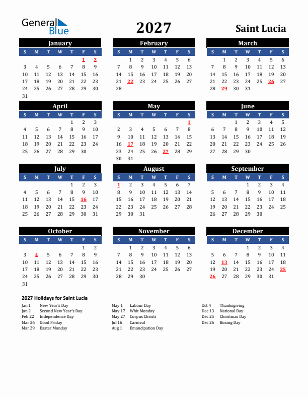 2027 Saint Lucia Holiday Calendar