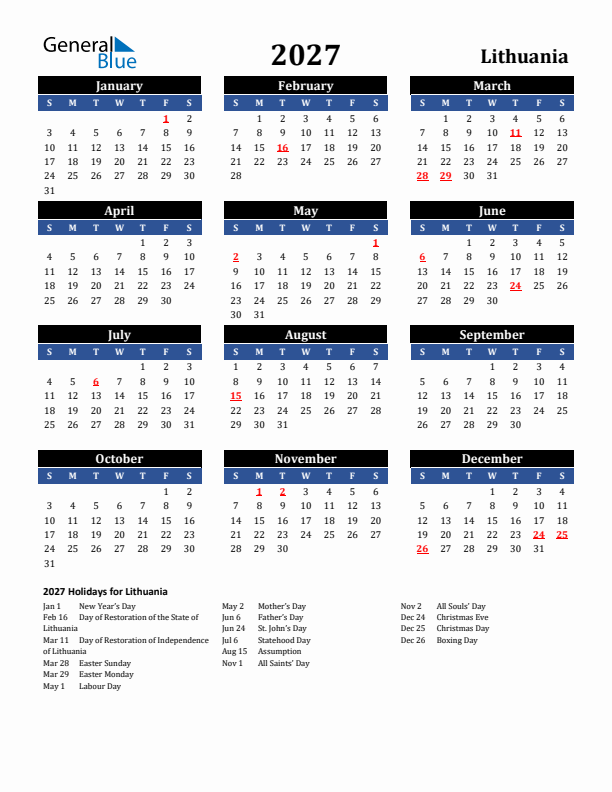 2027 Lithuania Holiday Calendar