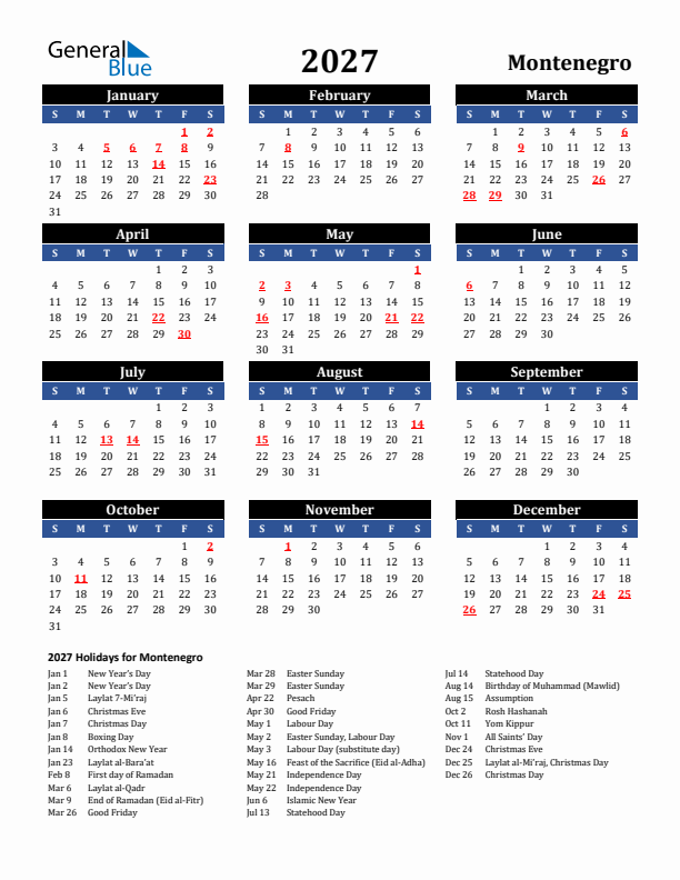 2027 Montenegro Holiday Calendar