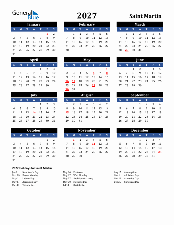 2027 Saint Martin Holiday Calendar