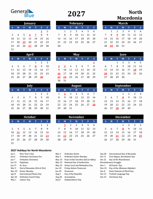 2027 North Macedonia Holiday Calendar