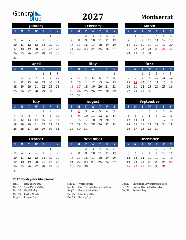 2027 Montserrat Holiday Calendar