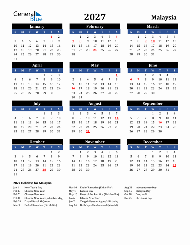 2027 Malaysia Holiday Calendar