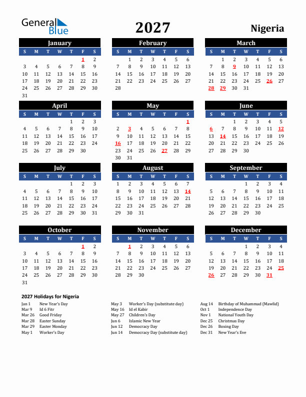 2027 Nigeria Holiday Calendar