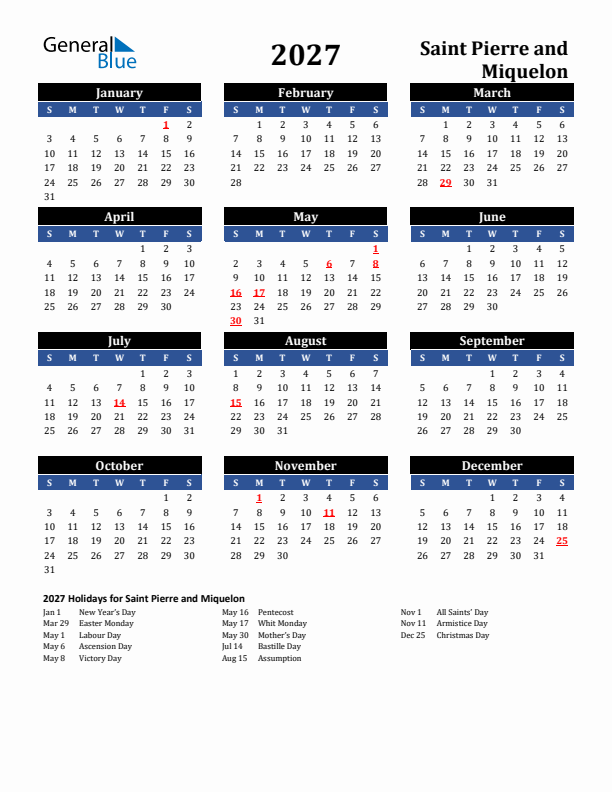 2027 Saint Pierre and Miquelon Holiday Calendar