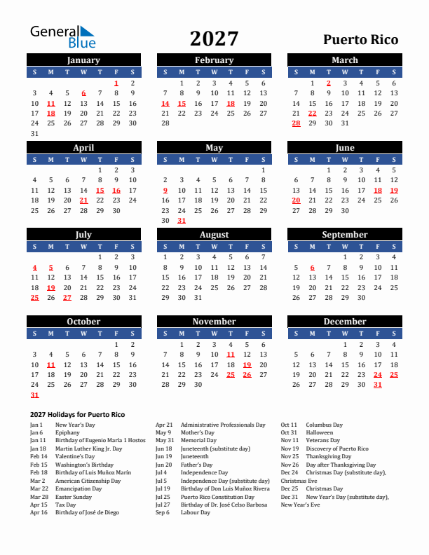 2027 Puerto Rico Holiday Calendar