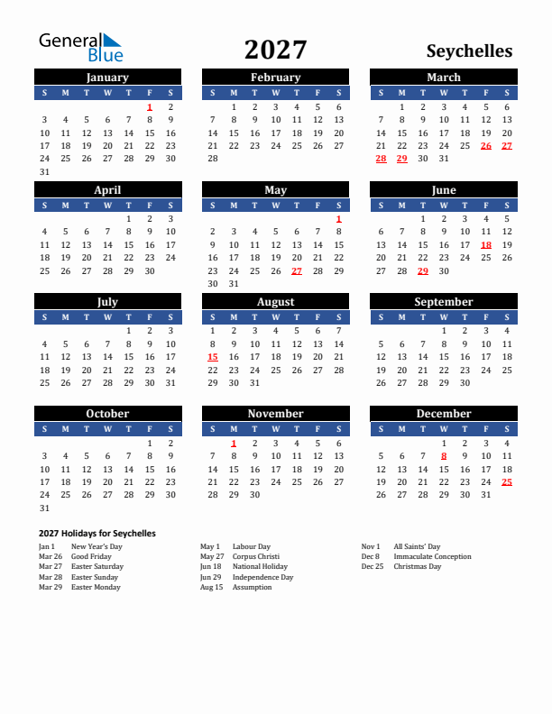 2027 Seychelles Holiday Calendar