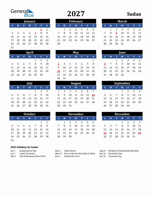 2027 Sudan Holiday Calendar