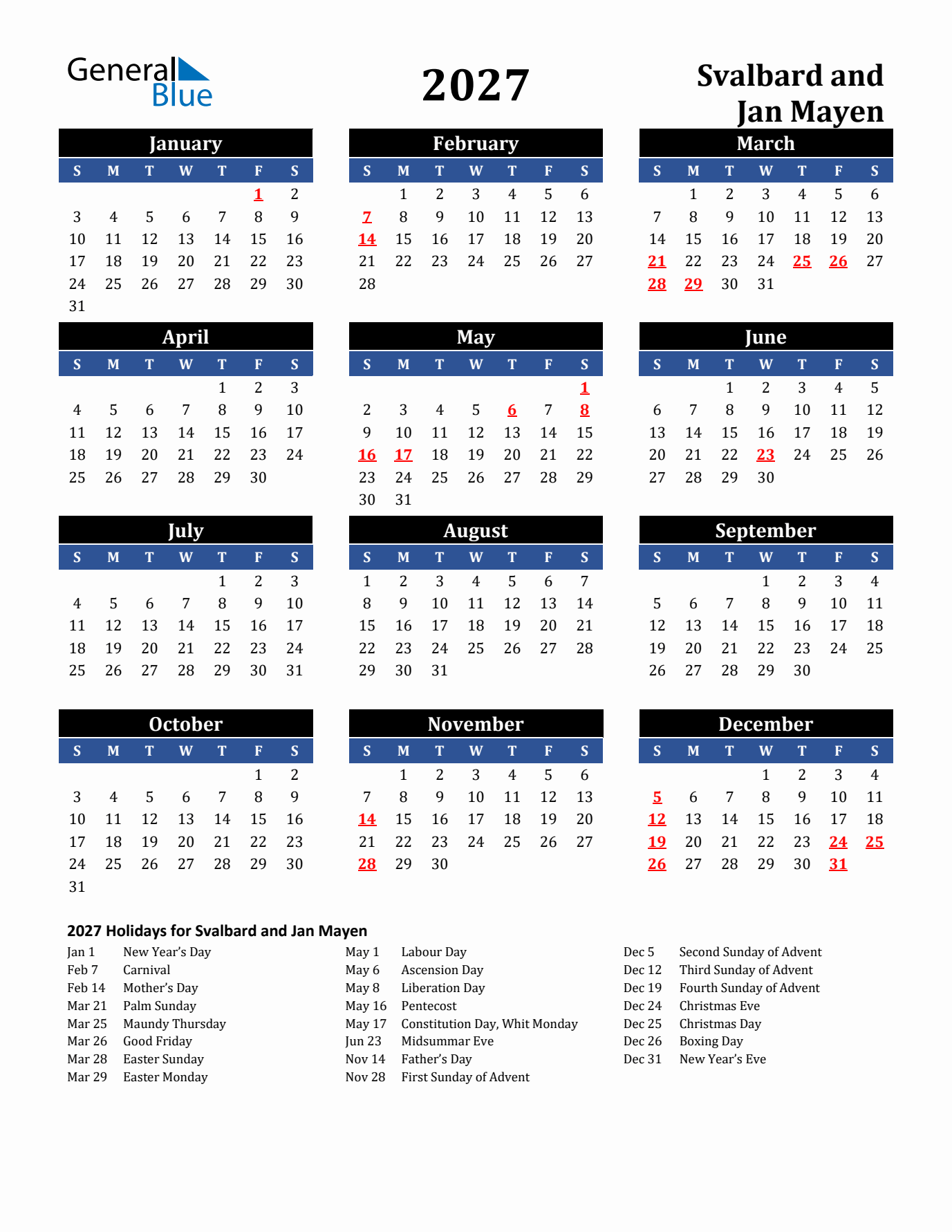 2027 Svalbard and Jan Mayen Holiday Calendar