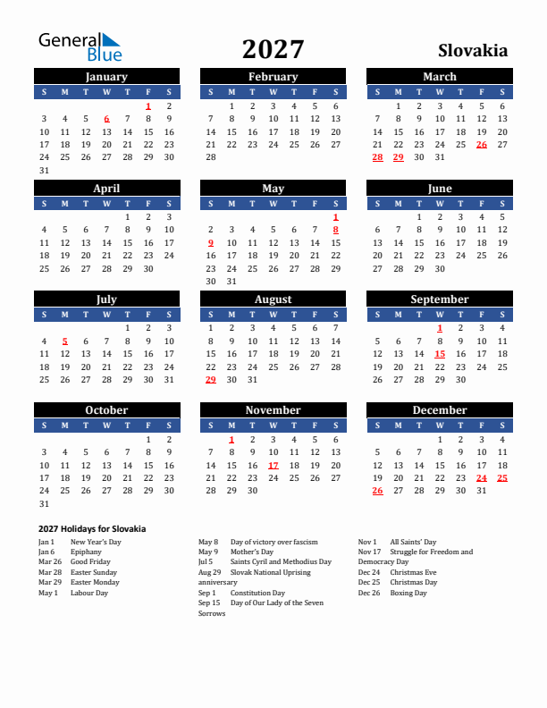 2027 Slovakia Holiday Calendar