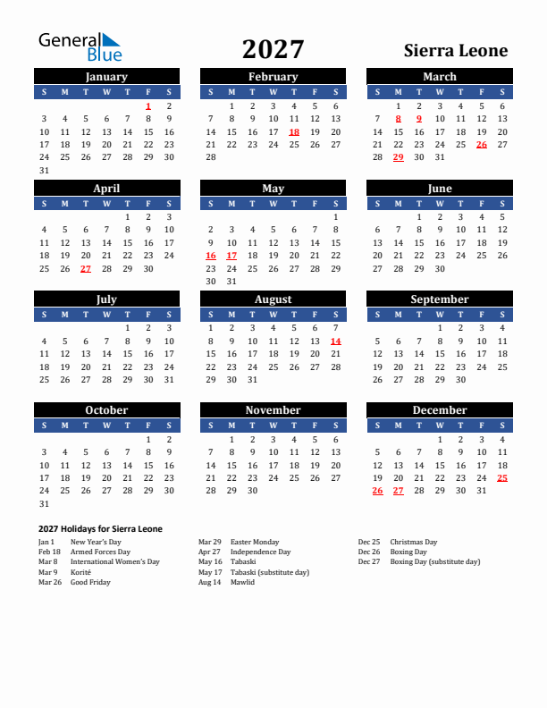 2027 Sierra Leone Holiday Calendar