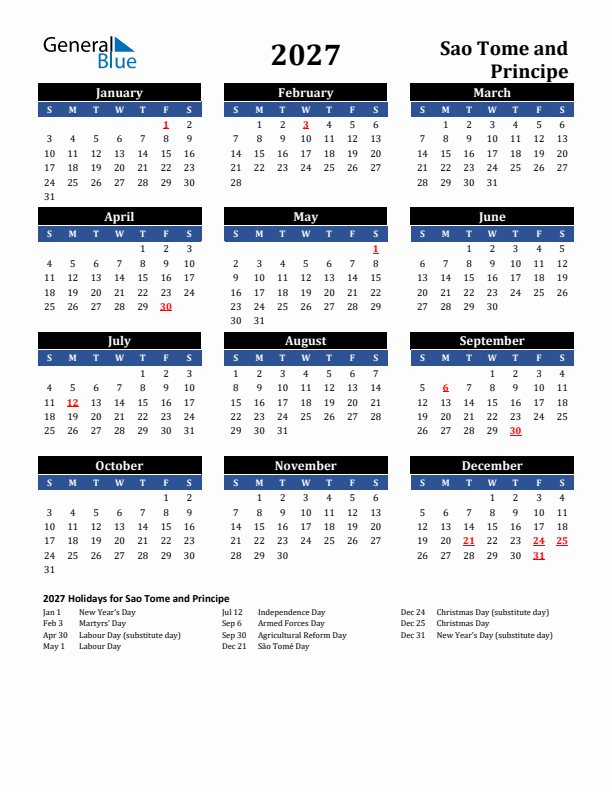 2027 Sao Tome and Principe Holiday Calendar