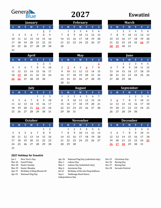 2027 Eswatini Holiday Calendar