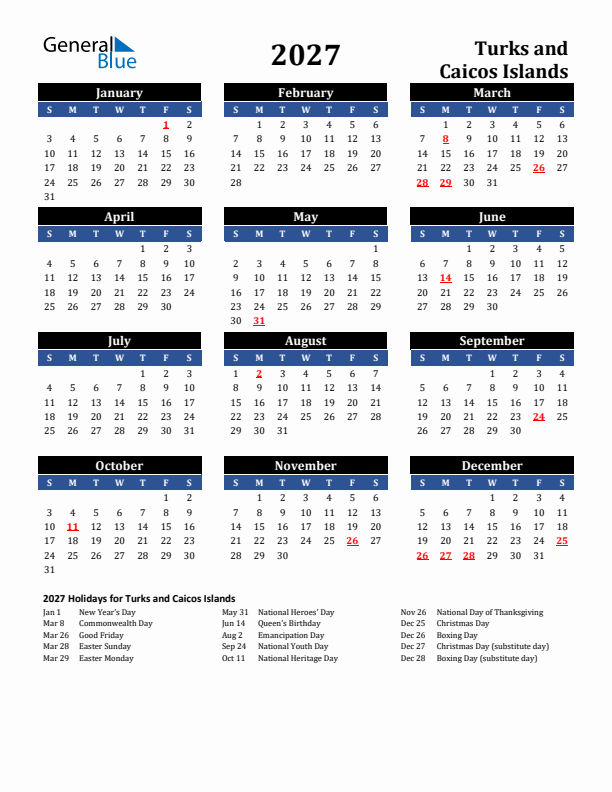 2027 Turks and Caicos Islands Holiday Calendar