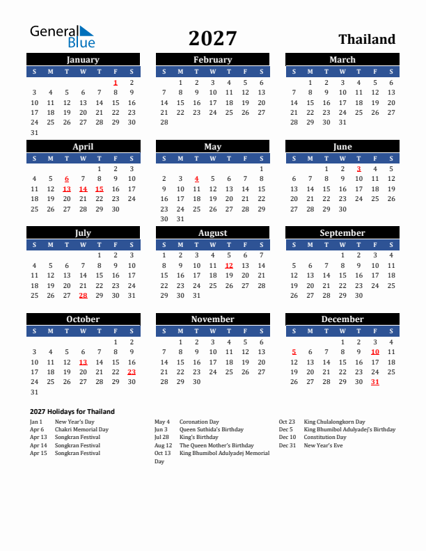 2027 Thailand Holiday Calendar