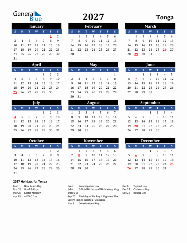2027 Tonga Holiday Calendar