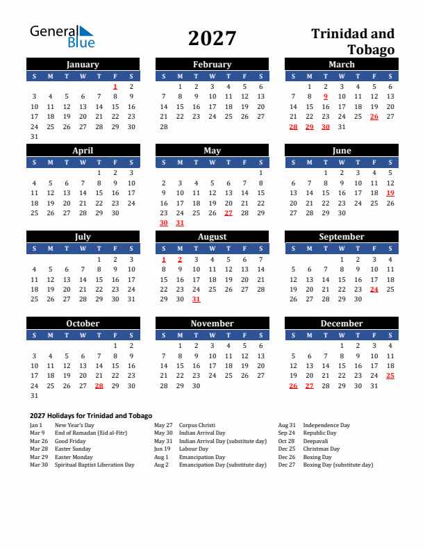 2027 Trinidad and Tobago Holiday Calendar
