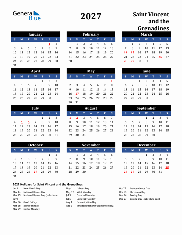 2027 Saint Vincent and the Grenadines Holiday Calendar