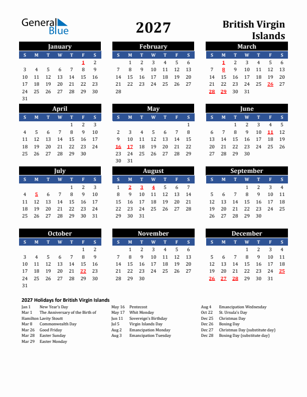 2027 British Virgin Islands Holiday Calendar