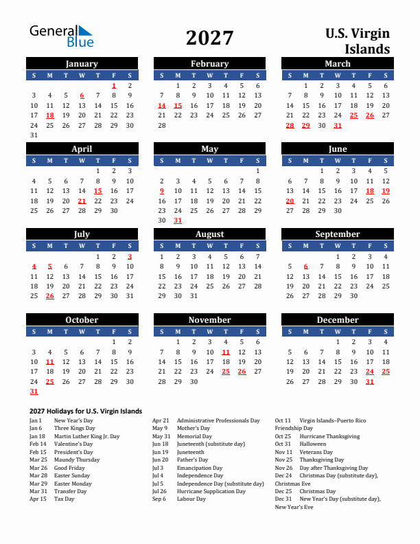 2027 U.S. Virgin Islands Holiday Calendar