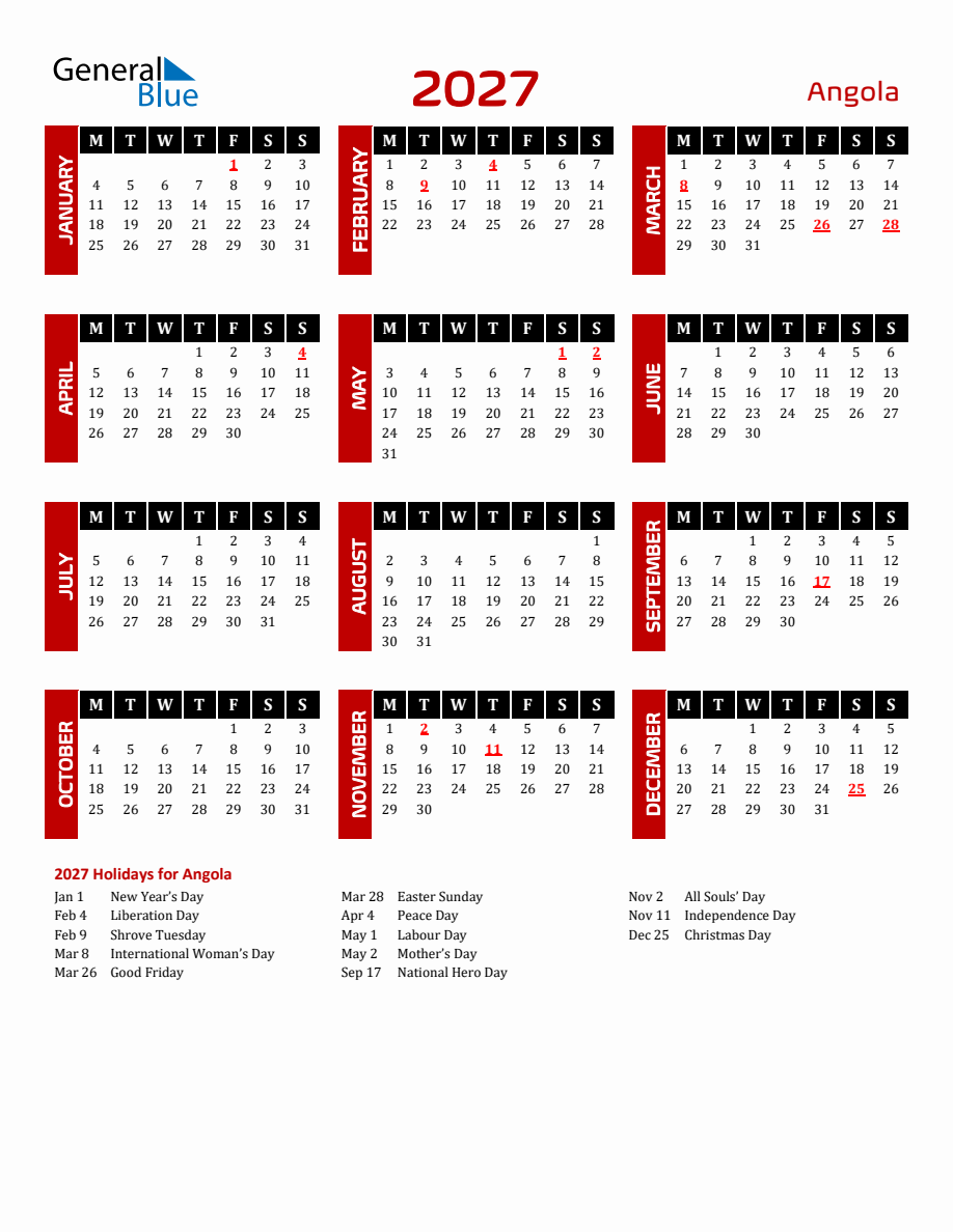 Angola 2027 Yearly Calendar Downloadable Monday Start Angola 2027 Yearly Calendar Downloadable Monday Start