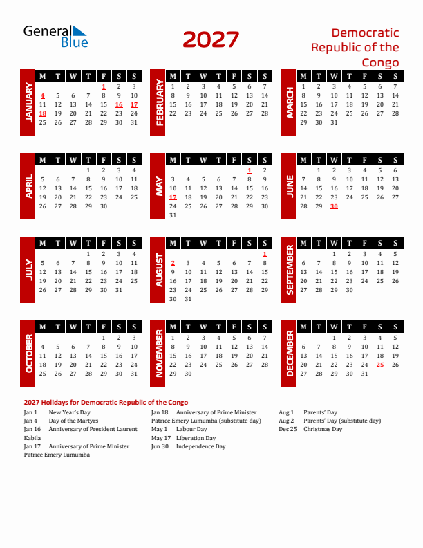 Download Democratic Republic of the Congo 2027 Calendar - Monday Start
