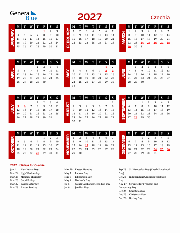 Download Czechia 2027 Calendar - Monday Start