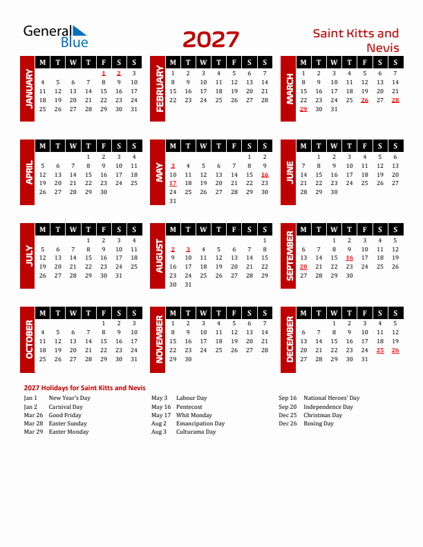 Download Saint Kitts and Nevis 2027 Calendar - Monday Start
