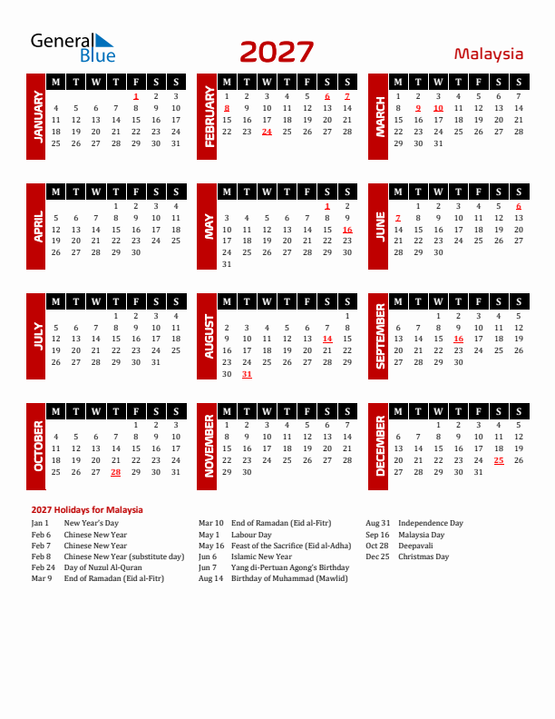 Download Malaysia 2027 Calendar - Monday Start