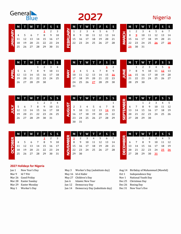 Download Nigeria 2027 Calendar - Monday Start
