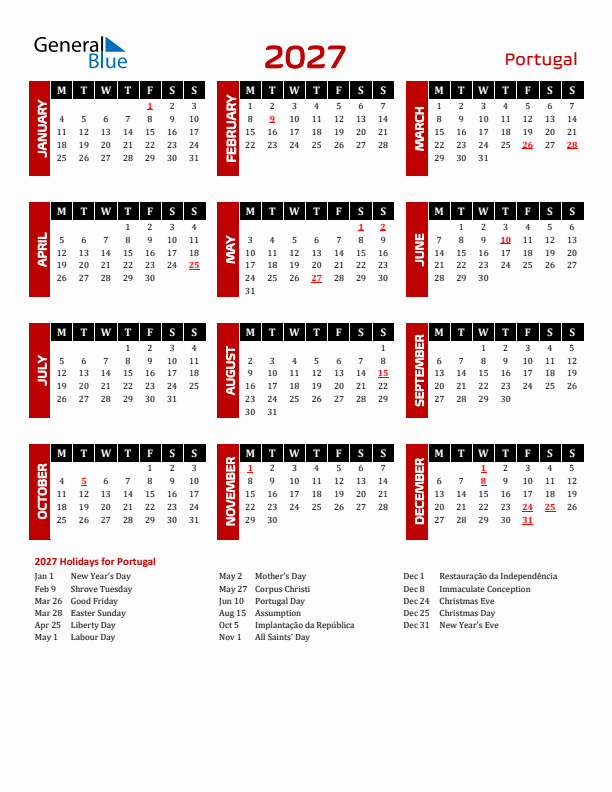 Portugal 2027 Yearly Calendar Downloadable Monday Start Portugal 2027 Yearly Calendar Downloadable Monday Start