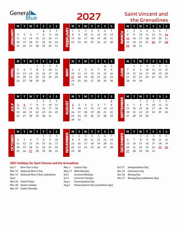 Download Saint Vincent and the Grenadines 2027 Calendar - Monday Start