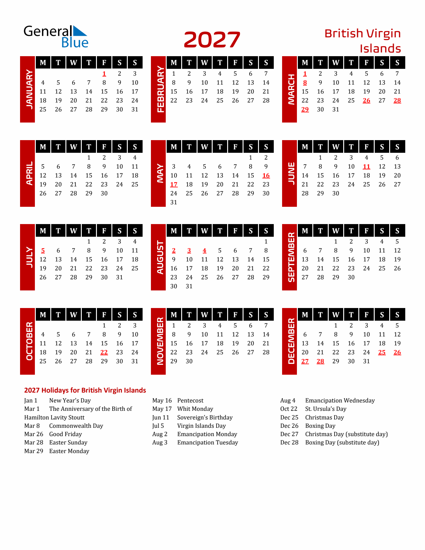 Download British Virgin Islands 2027 Calendar - Monday Start