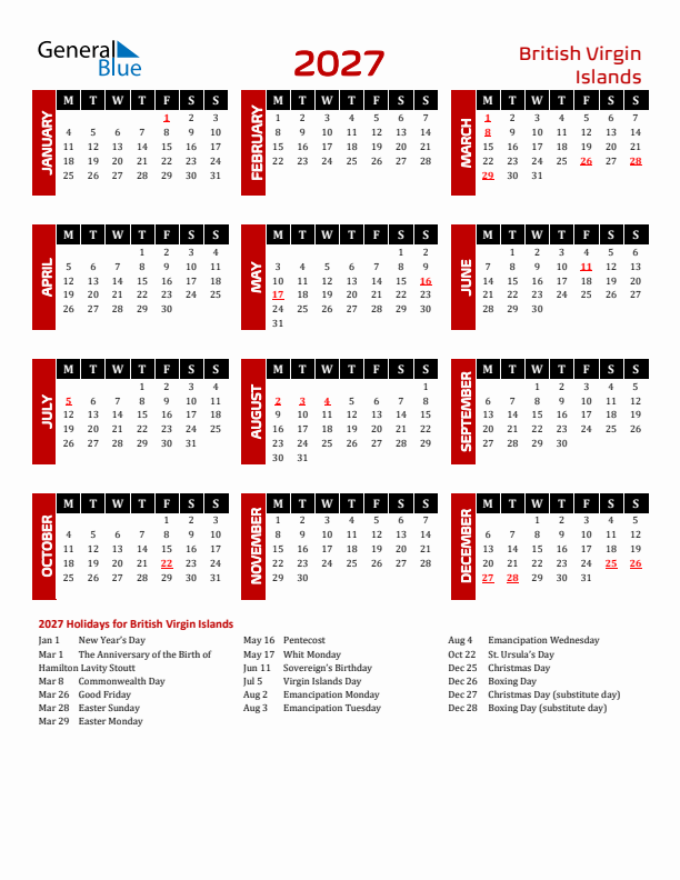 Download British Virgin Islands 2027 Calendar - Monday Start