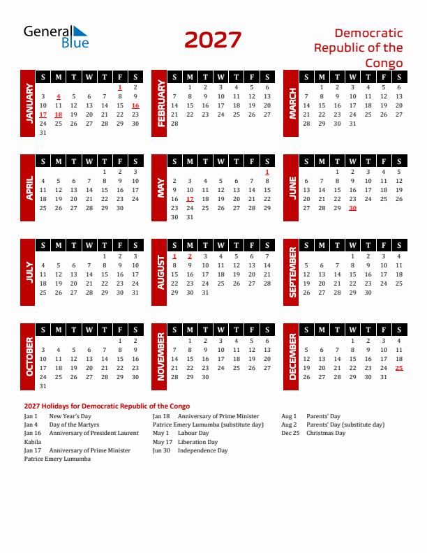 Download Democratic Republic of the Congo 2027 Calendar - Sunday Start