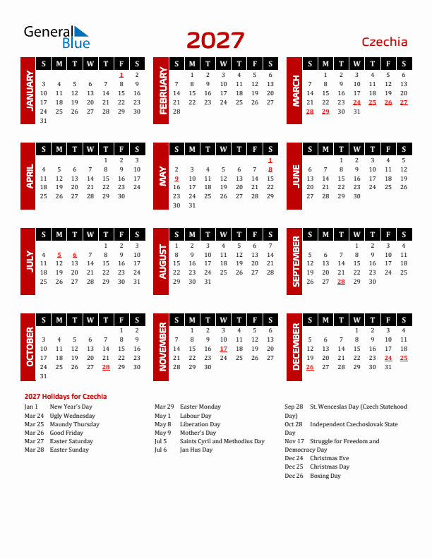 Download Czechia 2027 Calendar - Sunday Start