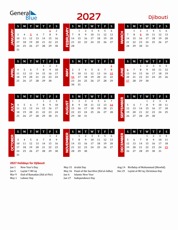 Download Djibouti 2027 Calendar - Sunday Start