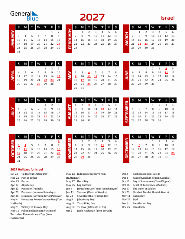Download Israel 2027 Calendar - Sunday Start