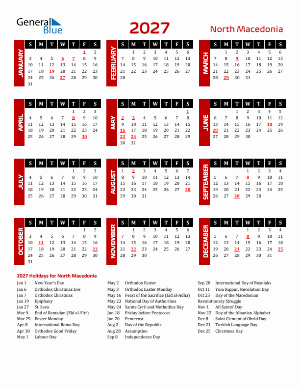Download North Macedonia 2027 Calendar - Sunday Start