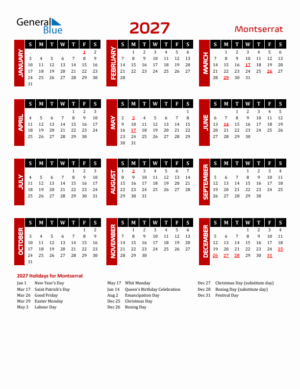 Download Montserrat 2027 Calendar - Sunday Start