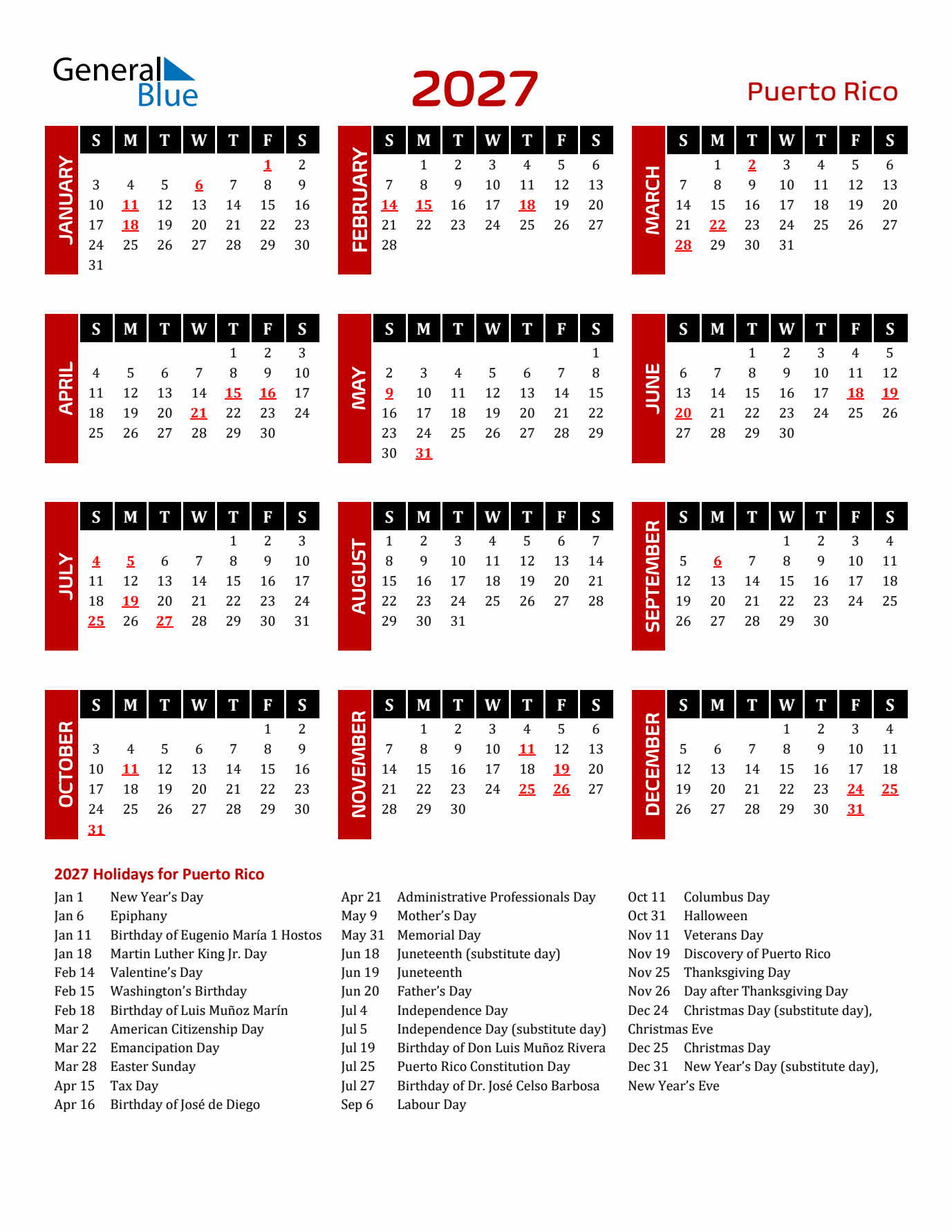 Download Puerto Rico 2027 Calendar - Sunday Start
