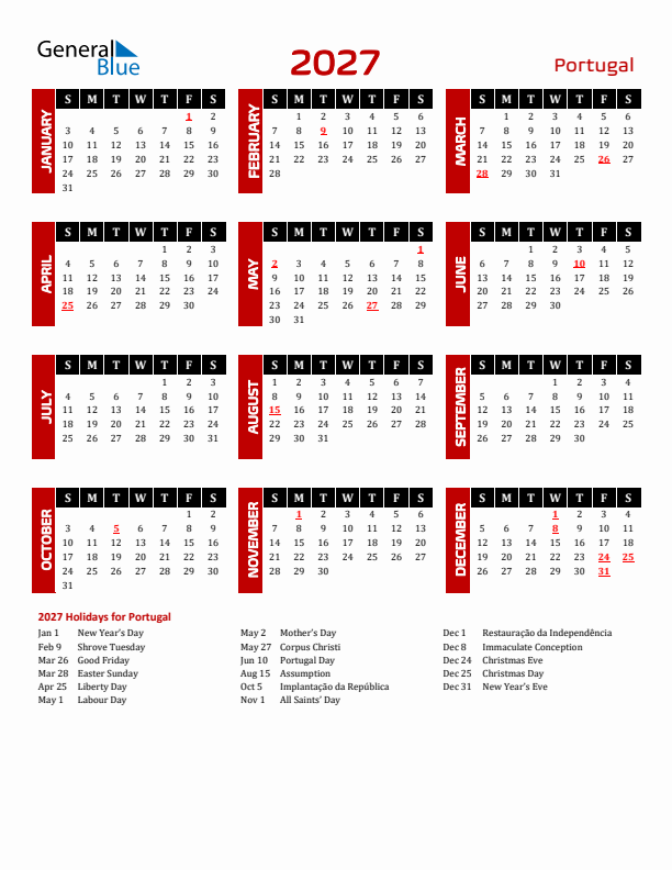 2027 Portugal Calendar With Holidays 2027 Portugal Calendar With Holidays