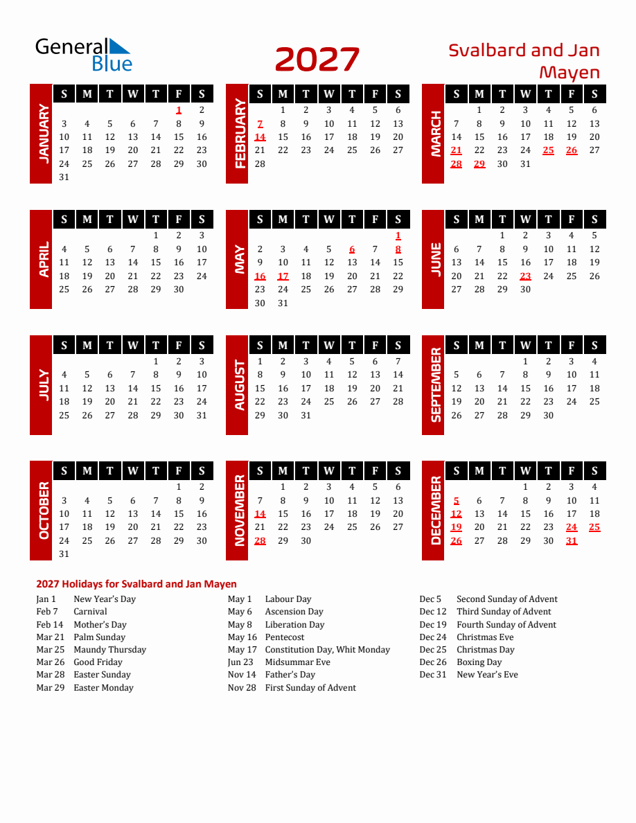 Svalbard and Jan Mayen 2027 Yearly Calendar Downloadable