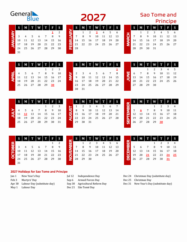 Download Sao Tome and Principe 2027 Calendar - Sunday Start