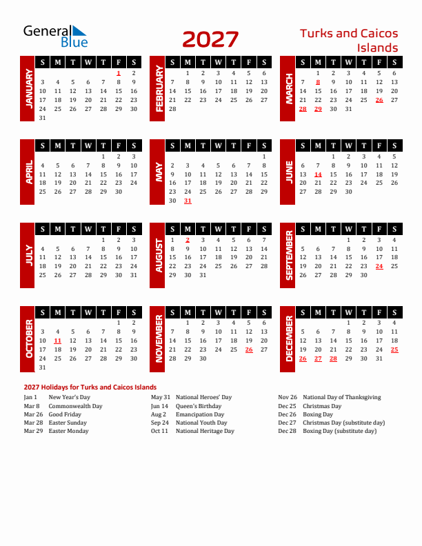 Download Turks and Caicos Islands 2027 Calendar - Sunday Start
